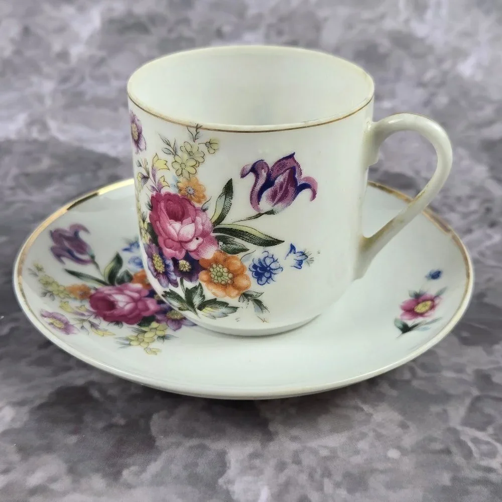 Vintage Demitasse Cup and Saucer Floral Pattern Gold Edged Made In Japan